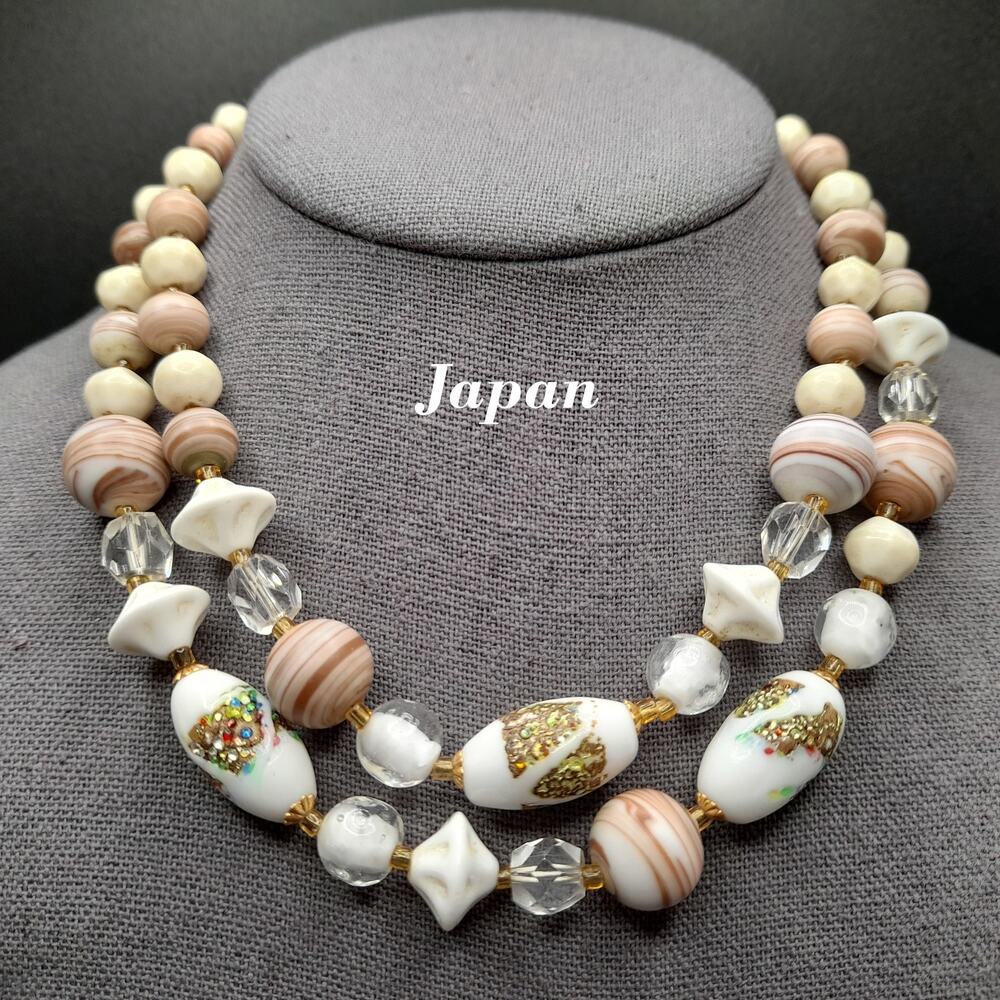 Vintage Japan Art Glass Necklace, Ceramic Glass Beads Neutral Colors, 1950s